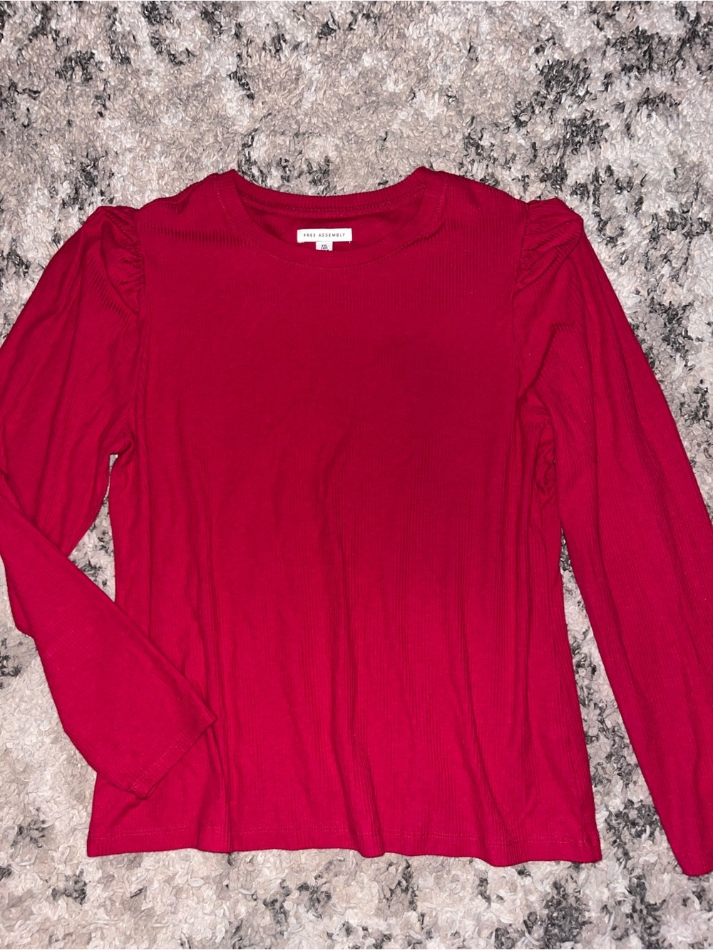 Free assembly Red Ribbed Puff-Sleeve Long Sleeve Top
